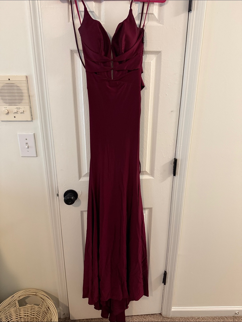 La Femme Deep Burgundy Strappy Evening Gown
